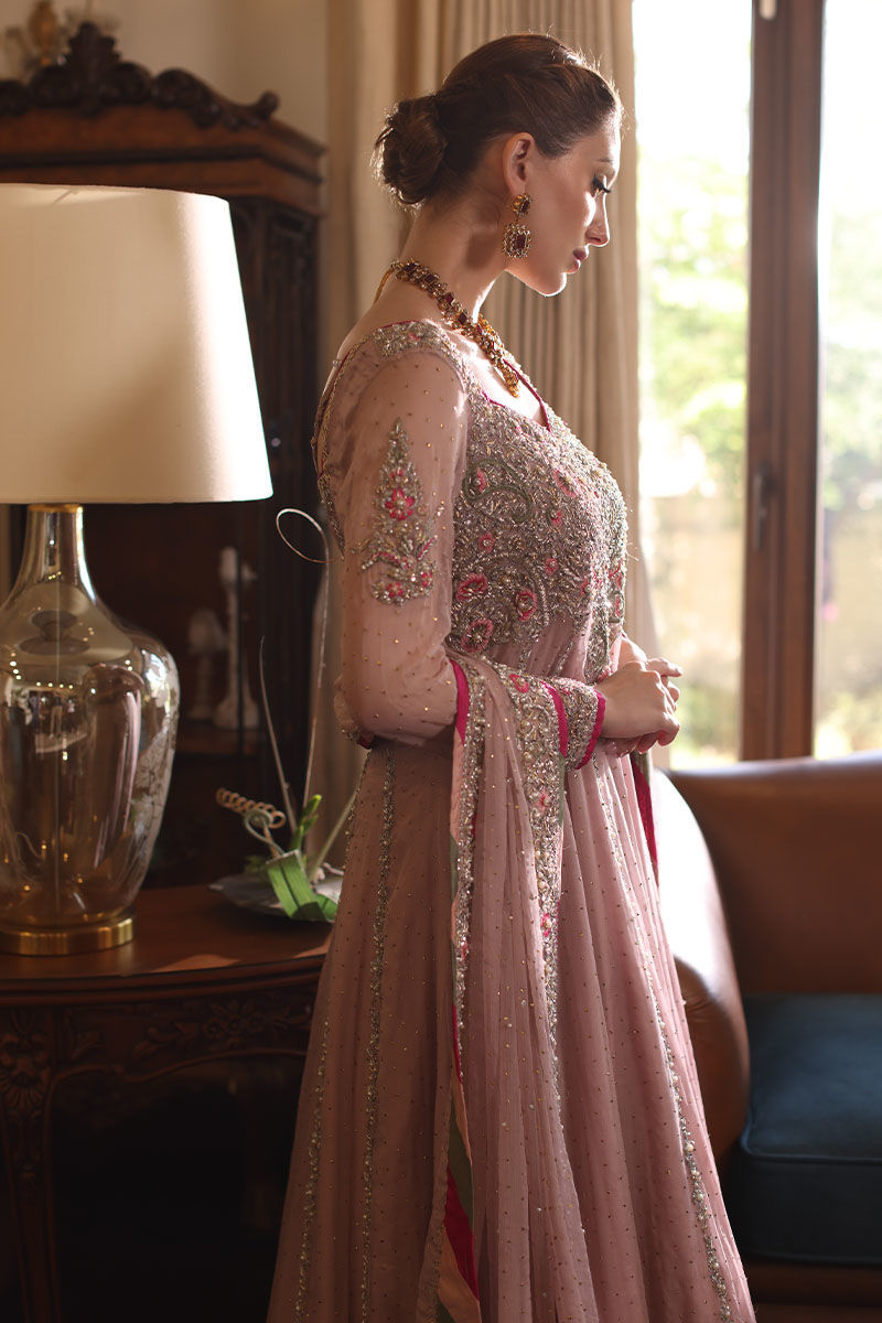 Lilac Pink Mukaish Kaamdani Net Pishwas (3-Piece) - Image 9