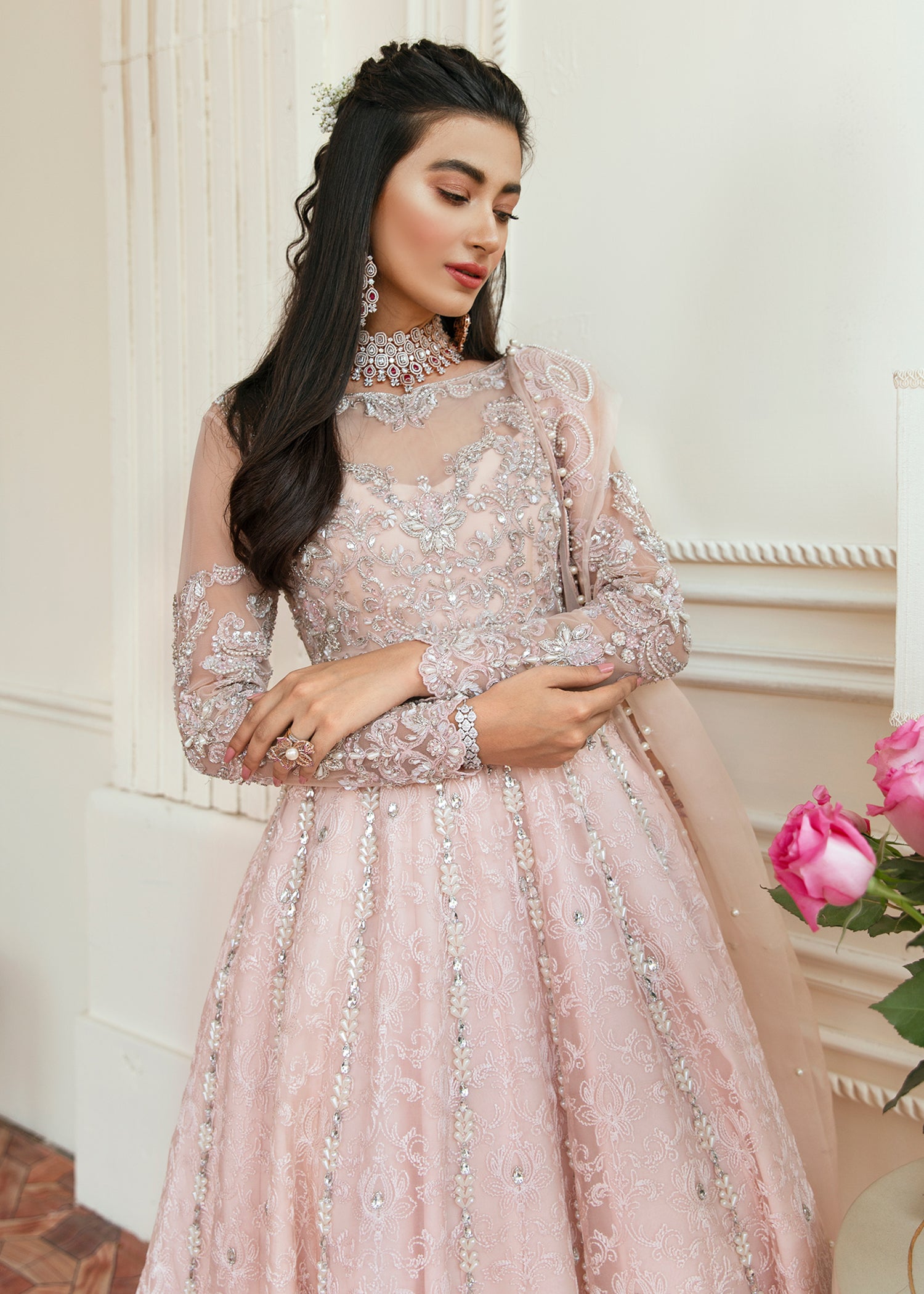 Pakistani Powder Pink Zardozi Net & Organza Pishwas (3-Piece) - Image 4