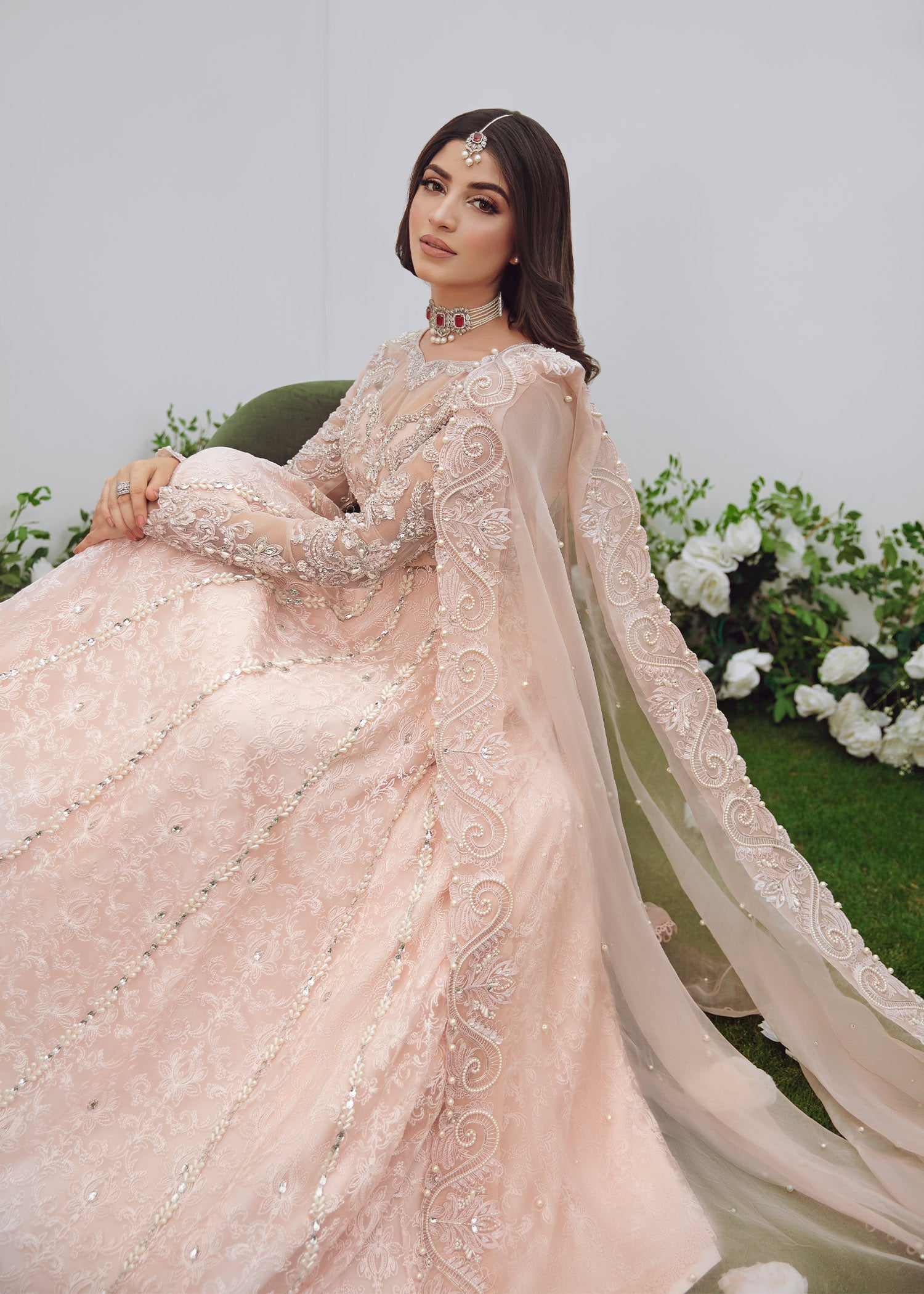 Pakistani Powder Pink Zardozi Net & Organza Pishwas (3-Piece) - Image 6