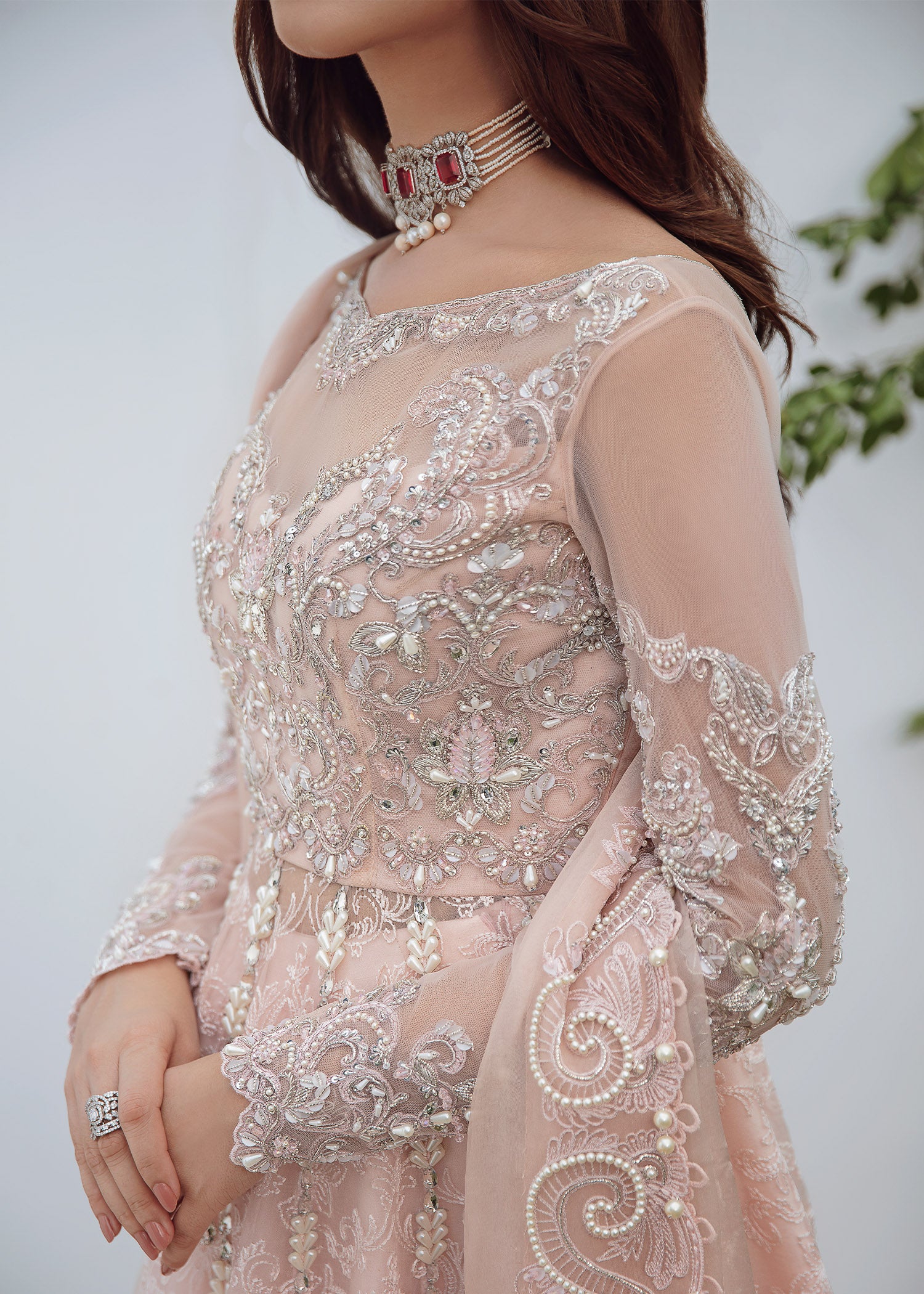 Pakistani Powder Pink Zardozi Net & Organza Pishwas (3-Piece) - Image 7