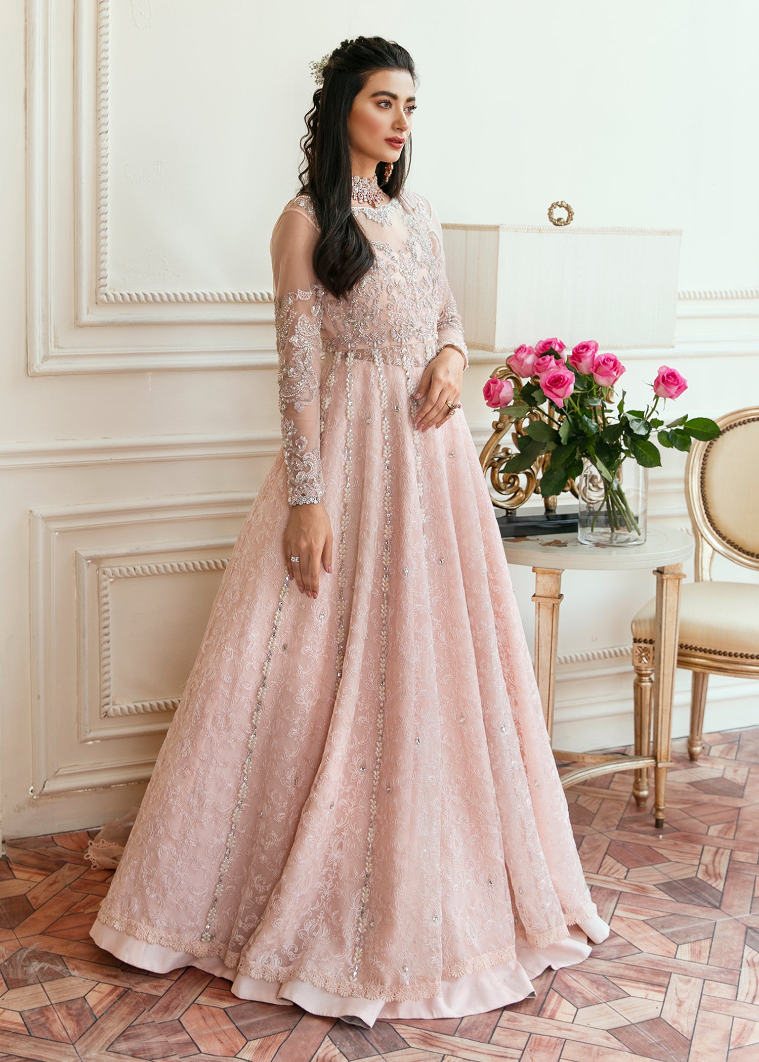 Pakistani Powder Pink Zardozi Net & Organza Pishwas (3-Piece) - Image 8