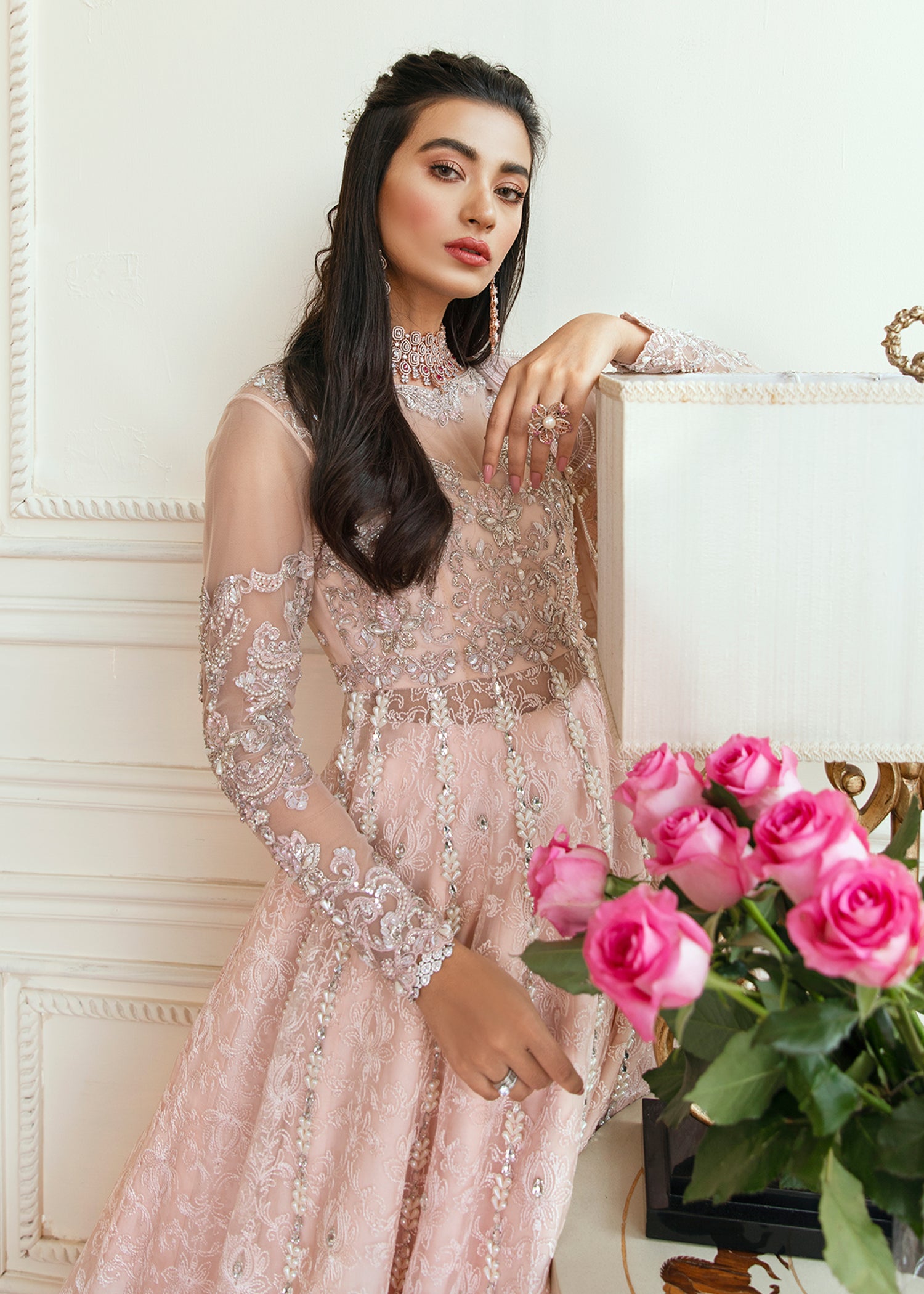 Pakistani Powder Pink Zardozi Net & Organza Pishwas (3-Piece) - Image 9