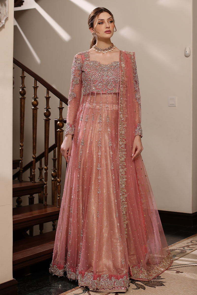 Pakistani Blossom Pink Embroidered Net Pishwas Dress (3-Piece) - Image 1