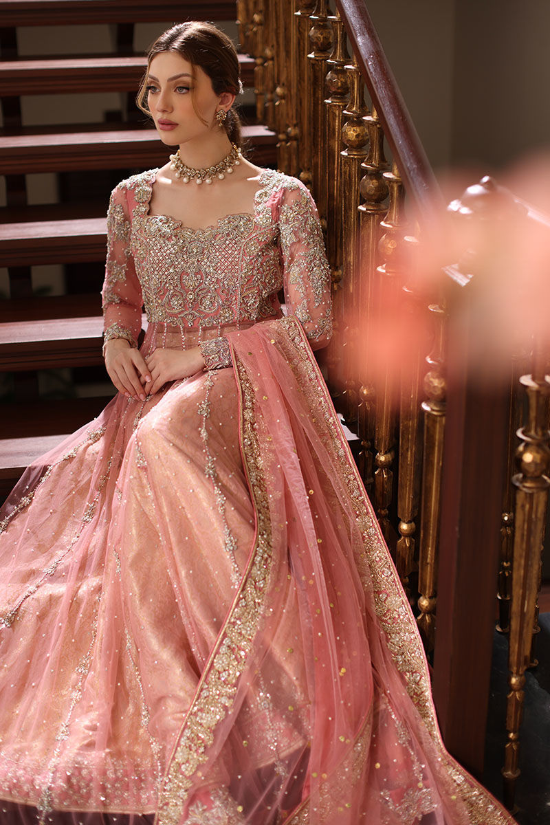 Pakistani Blossom Pink Embroidered Net Pishwas Dress (3-Piece) - Image 10