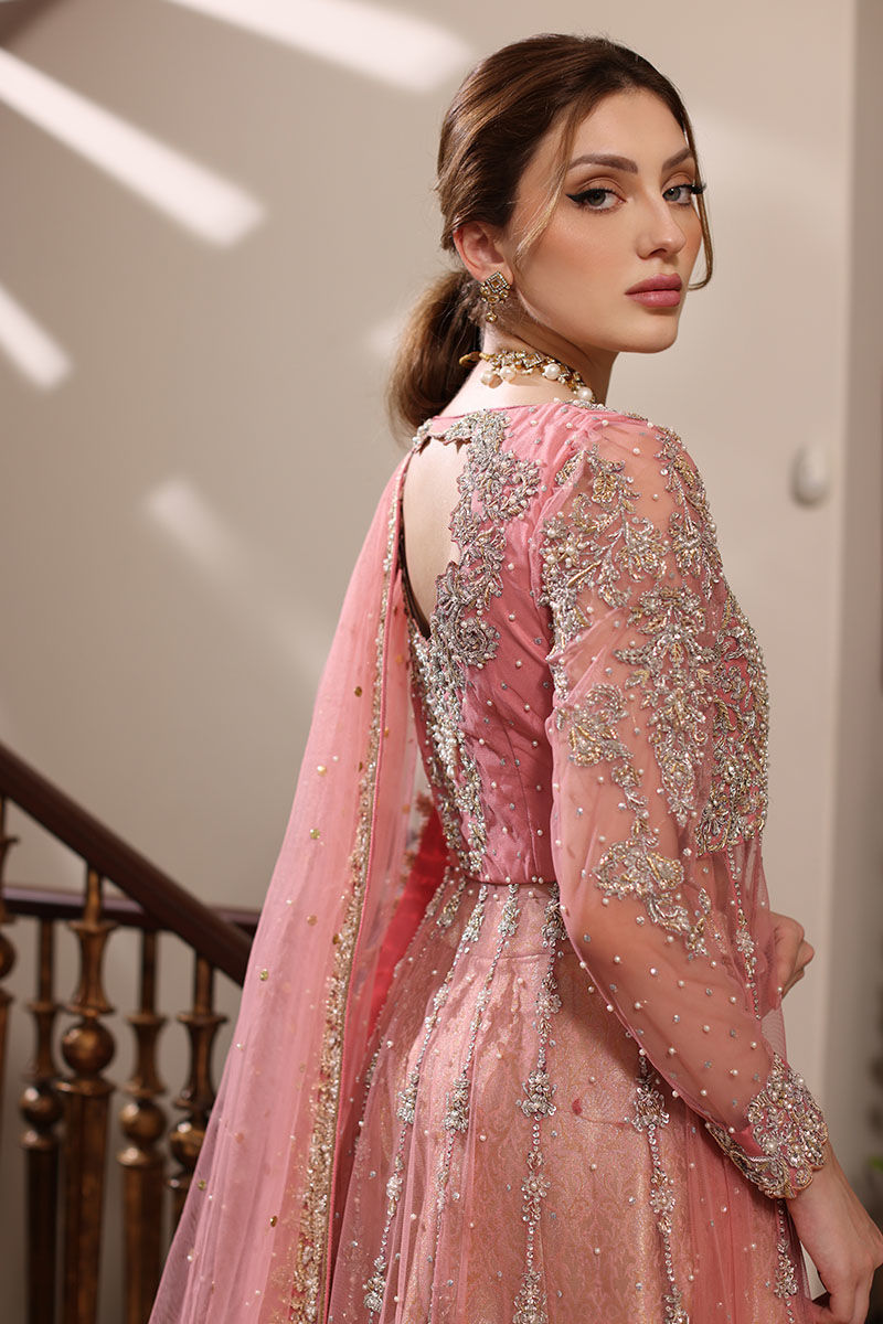 Pakistani Blossom Pink Embroidered Net Pishwas Dress (3-Piece) - Image 11