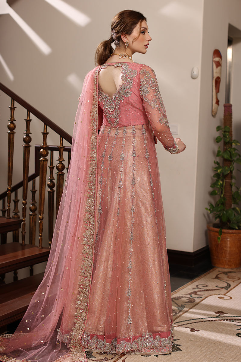 Pakistani Blossom Pink Embroidered Net Pishwas Dress (3-Piece) - Image 12