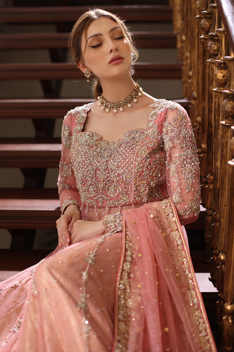 Pakistani Blossom Pink Embroidered Net Pishwas Dress (3-Piece) - Image 2