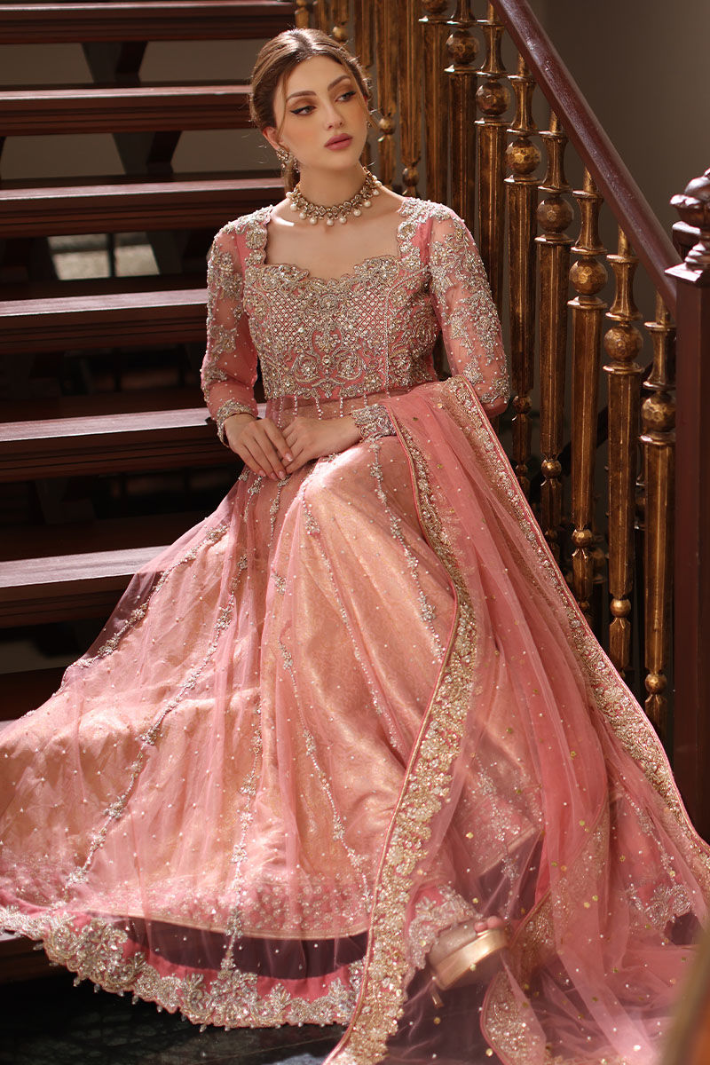Pakistani Blossom Pink Embroidered Net Pishwas Dress (3-Piece) - Image 3
