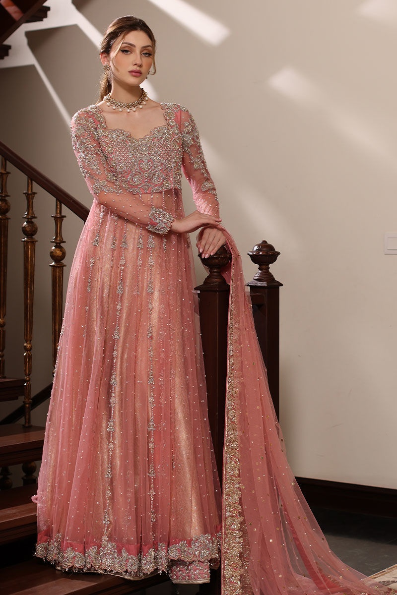Pakistani Blossom Pink Embroidered Net Pishwas Dress (3-Piece) - Image 4