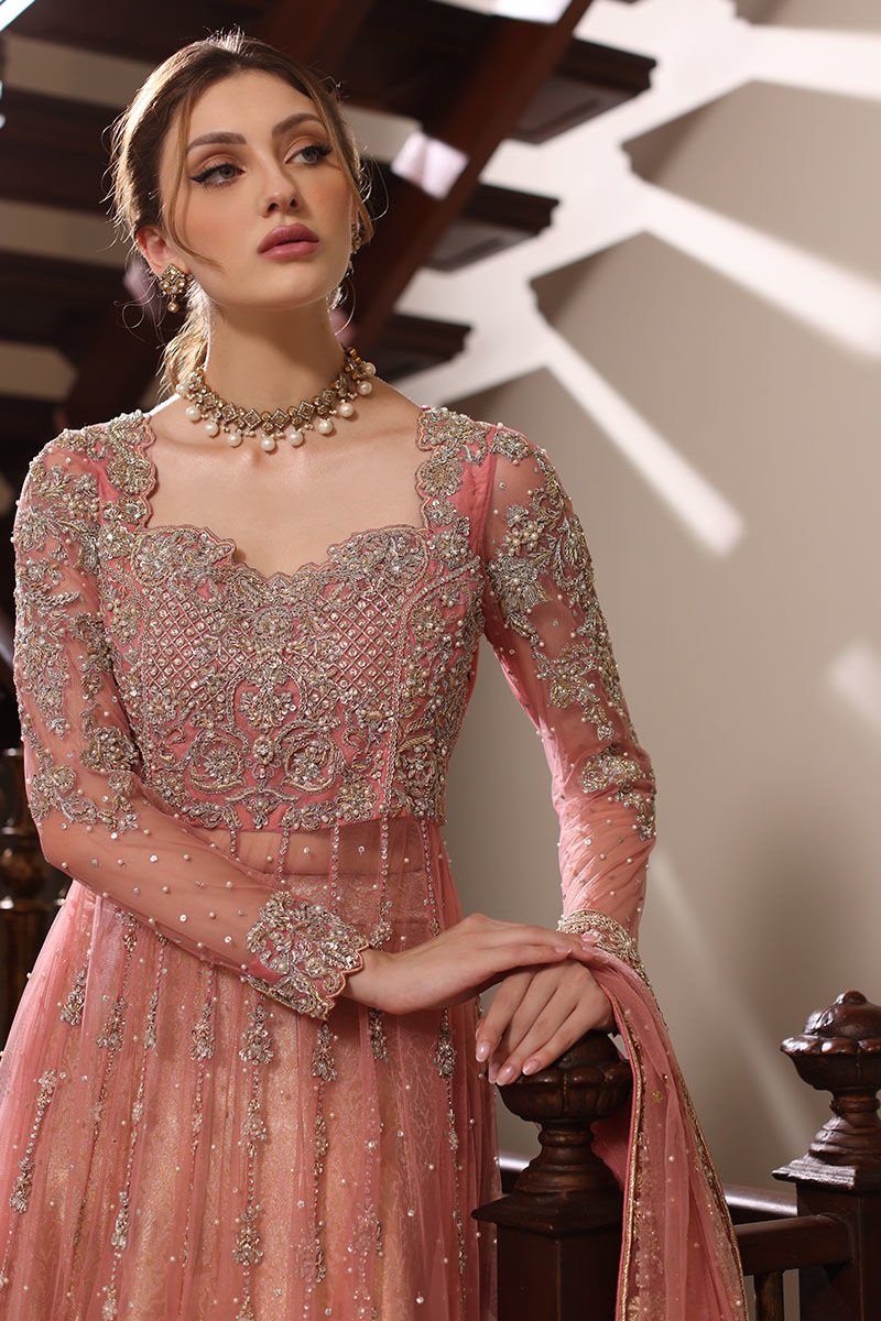 Pakistani Blossom Pink Embroidered Net Pishwas Dress (3-Piece) - Image 5