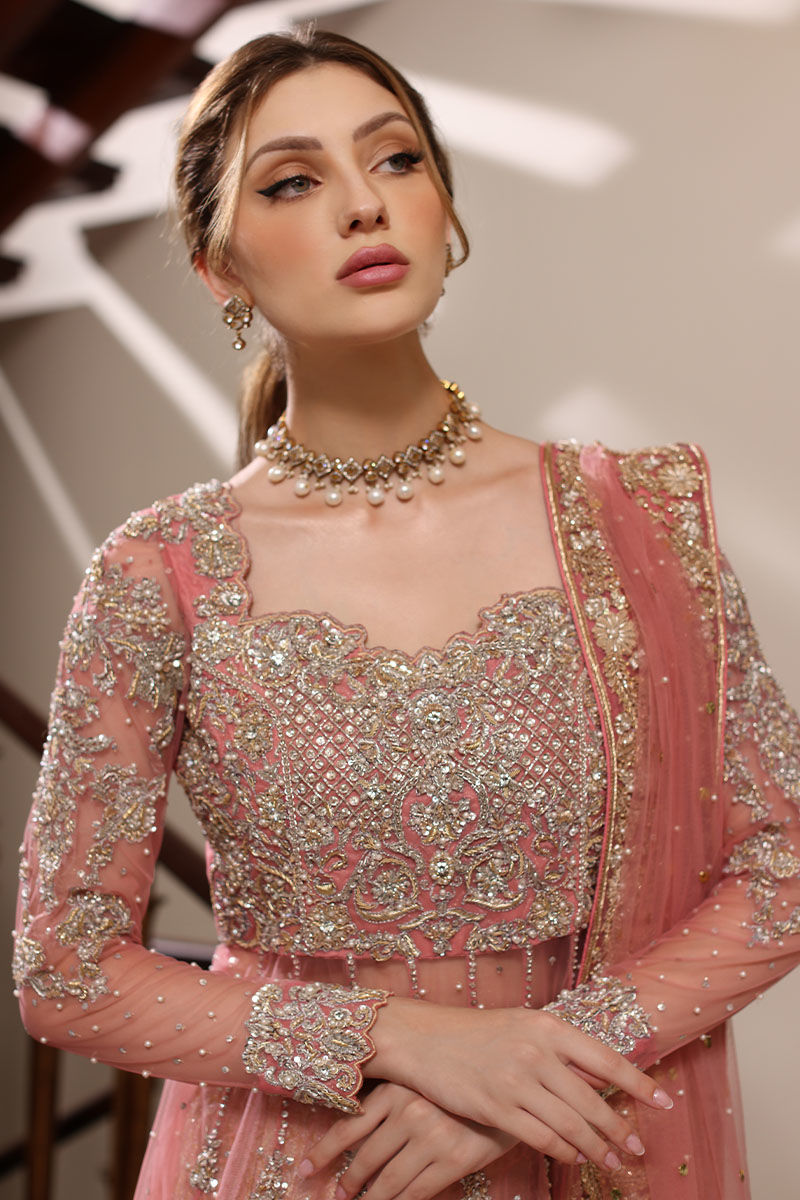 Pakistani Blossom Pink Embroidered Net Pishwas Dress (3-Piece) - Image 6