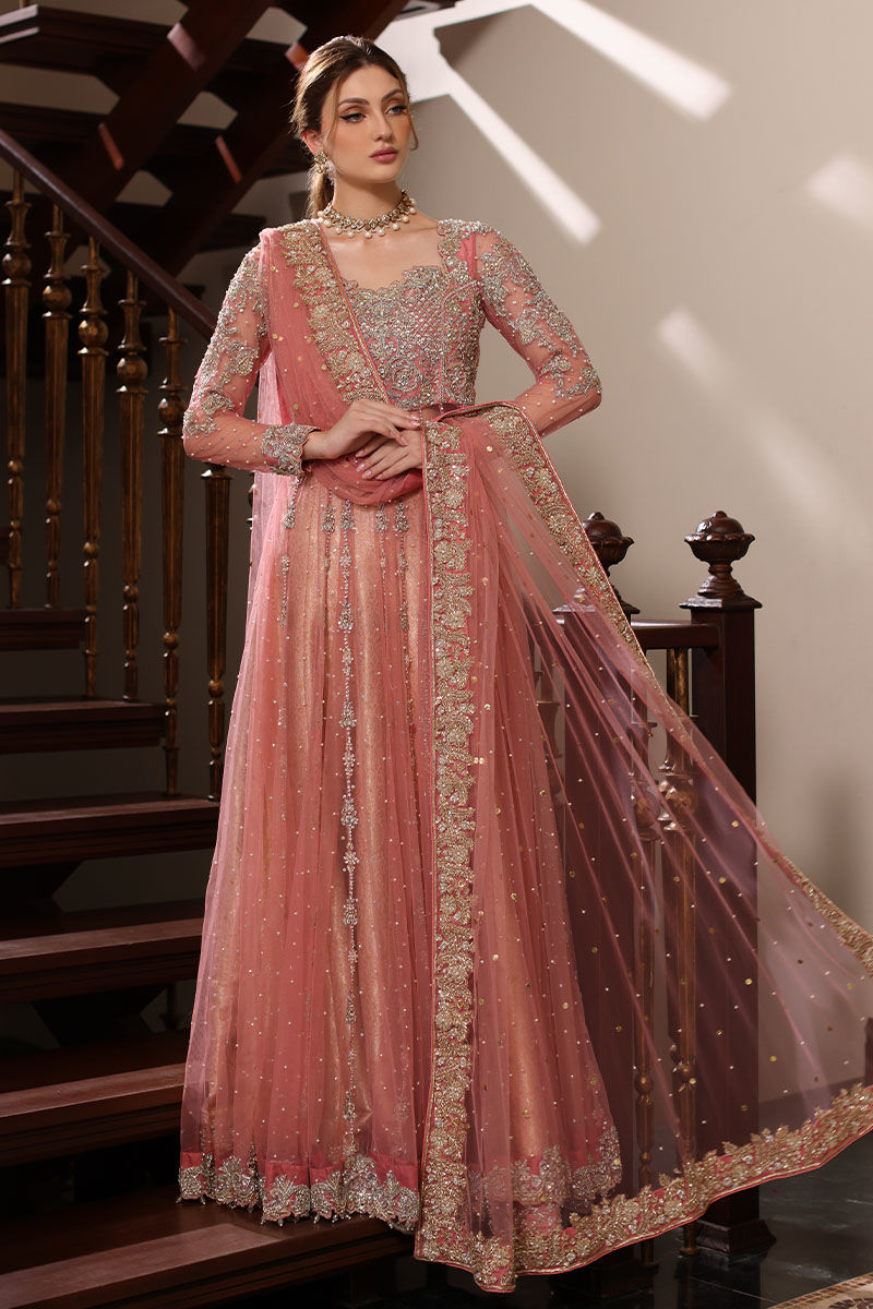 Pakistani Blossom Pink Embroidered Net Pishwas Dress (3-Piece) - Image 7