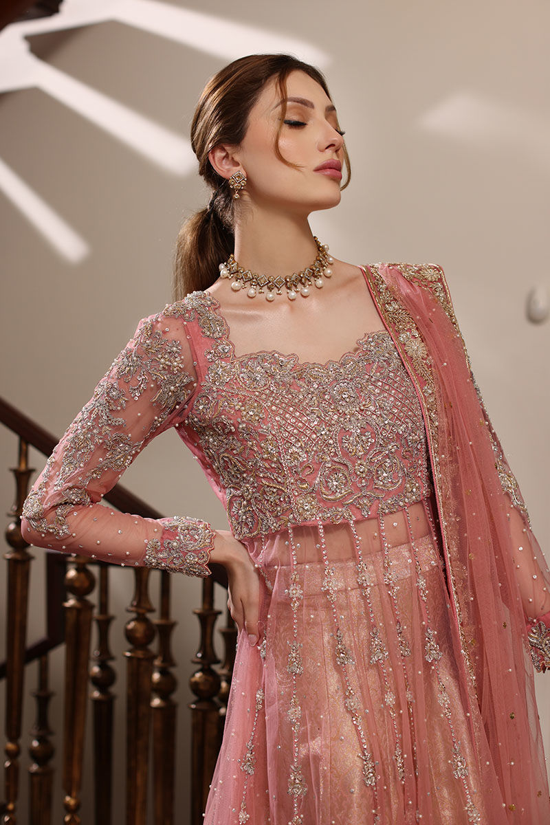 Pakistani Blossom Pink Embroidered Net Pishwas Dress (3-Piece) - Image 8