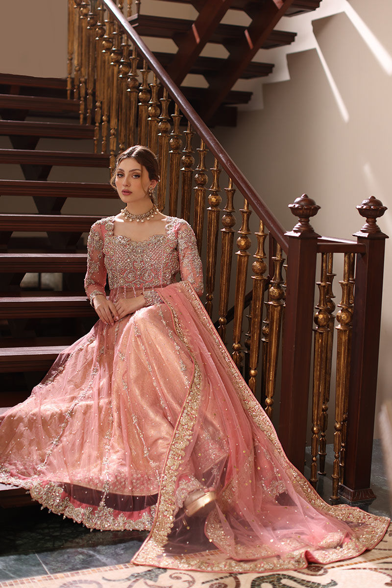 Pakistani Blossom Pink Embroidered Net Pishwas Dress (3-Piece) - Image 9