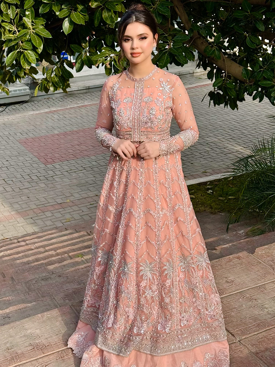 Pakistani Peach Embroidered Net Pishwas Dress (2-Piece) - Image 1