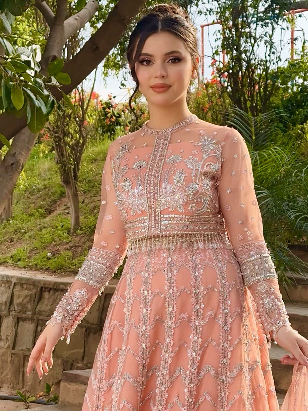 Pakistani Peach Embroidered Net Pishwas Dress (2-Piece) - Image 2