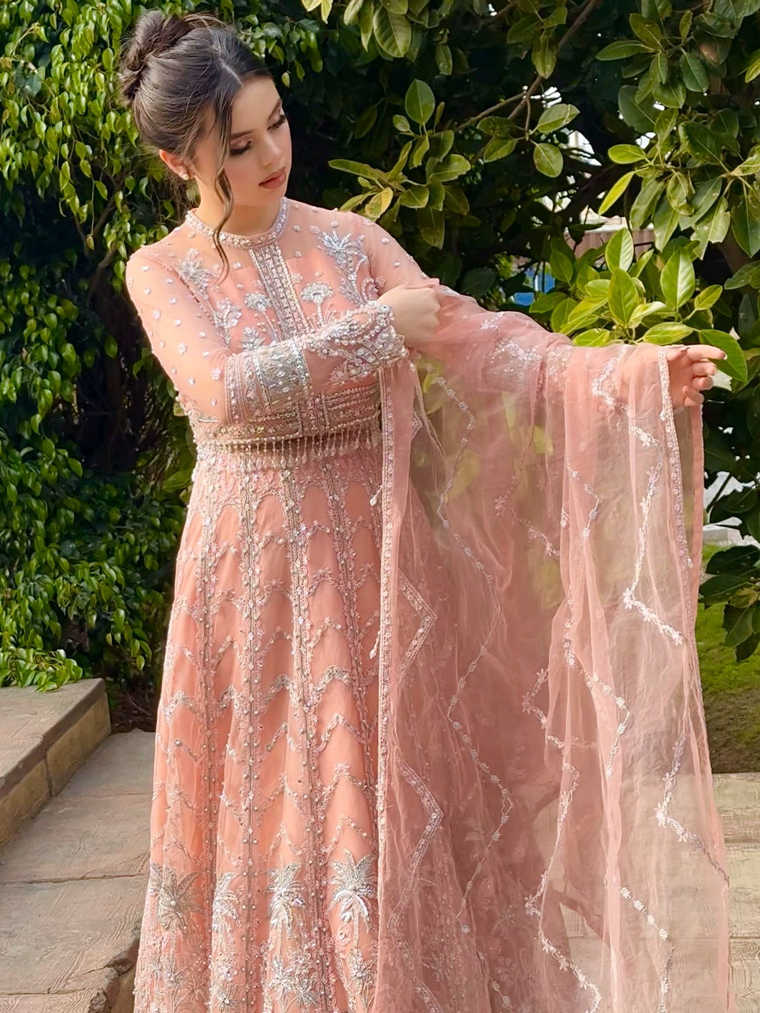 Pakistani Peach Embroidered Net Pishwas Dress (2-Piece) - Image 4
