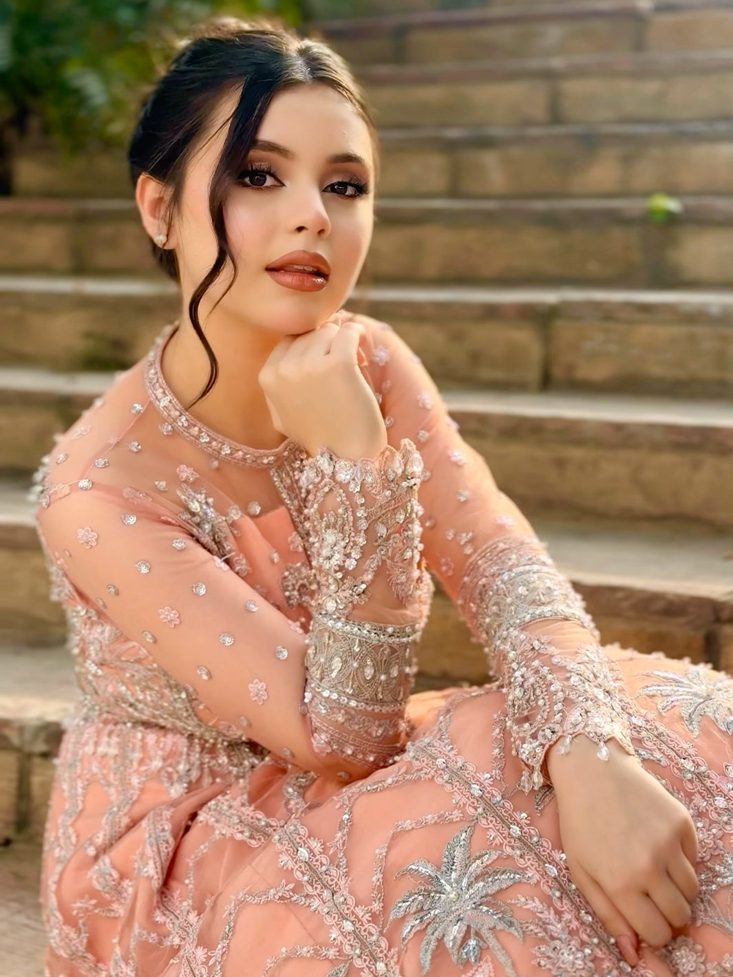 Pakistani Peach Embroidered Net Pishwas Dress (2-Piece) - Image 5