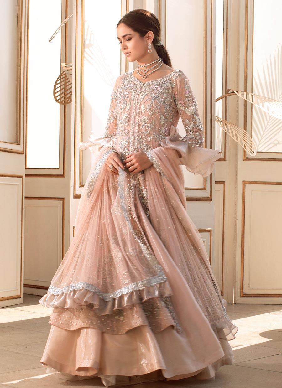 Pakistani Tea Pink Zari Embroidered Net Pishwas (2-Piece) - Image 1