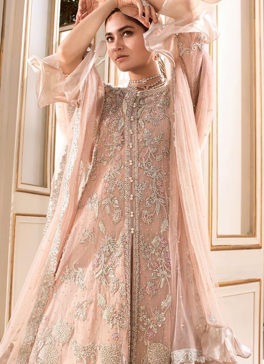 Pakistani Tea Pink Zari Embroidered Net Pishwas (2-Piece) - Image 2