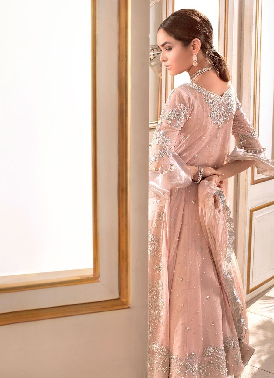 Pakistani Tea Pink Zari Embroidered Net Pishwas (2-Piece) - Image 3