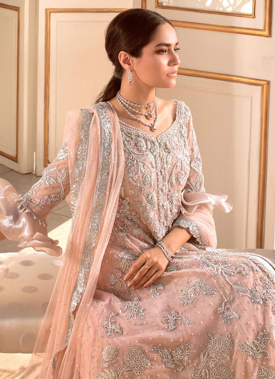 Pakistani Tea Pink Zari Embroidered Net Pishwas (2-Piece) - Image 4