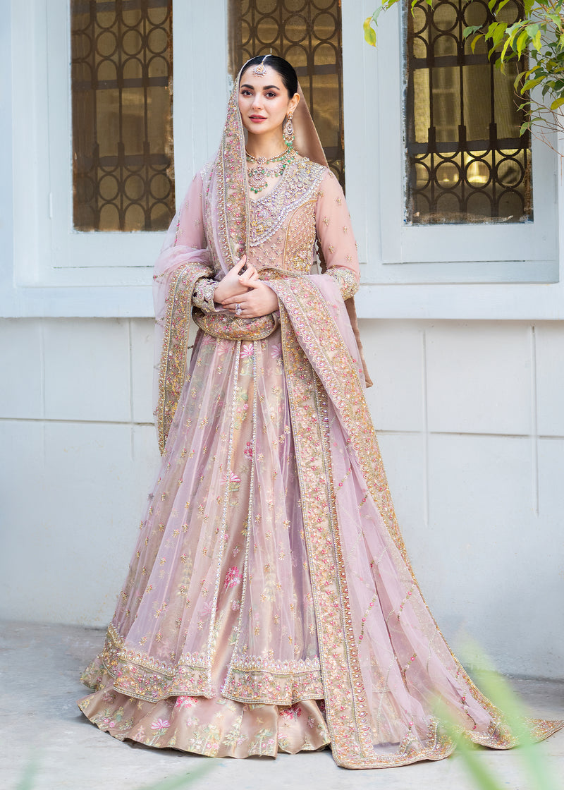 Pakistani Rose Pink Embroidered Net & Tissue Bridal Pishwas (3-Piece) - Image 1