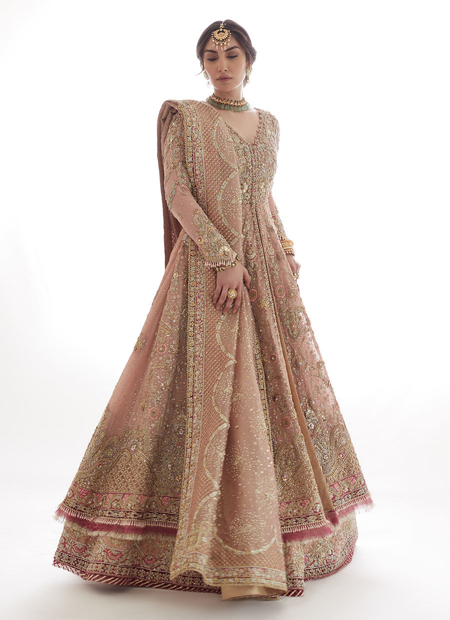 Pakistani Tea Pink Embellished Net & Raw Silk Bridal Pishwas (2-Piece) - Image 1