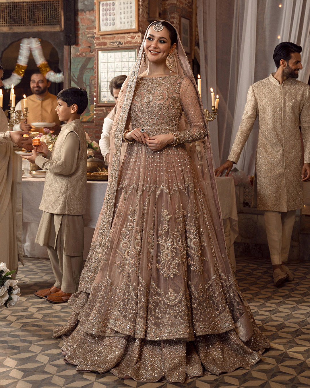 Pakistani Peach Pink Hand-Embellished Net & Tissue Bridal Pishwas (2-Piece) - Image 1