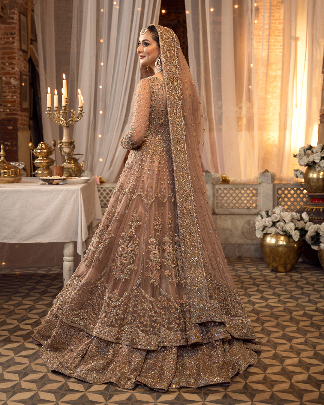 Pakistani Peach Pink Hand-Embellished Net & Tissue Bridal Pishwas (2-Piece) - Image 2
