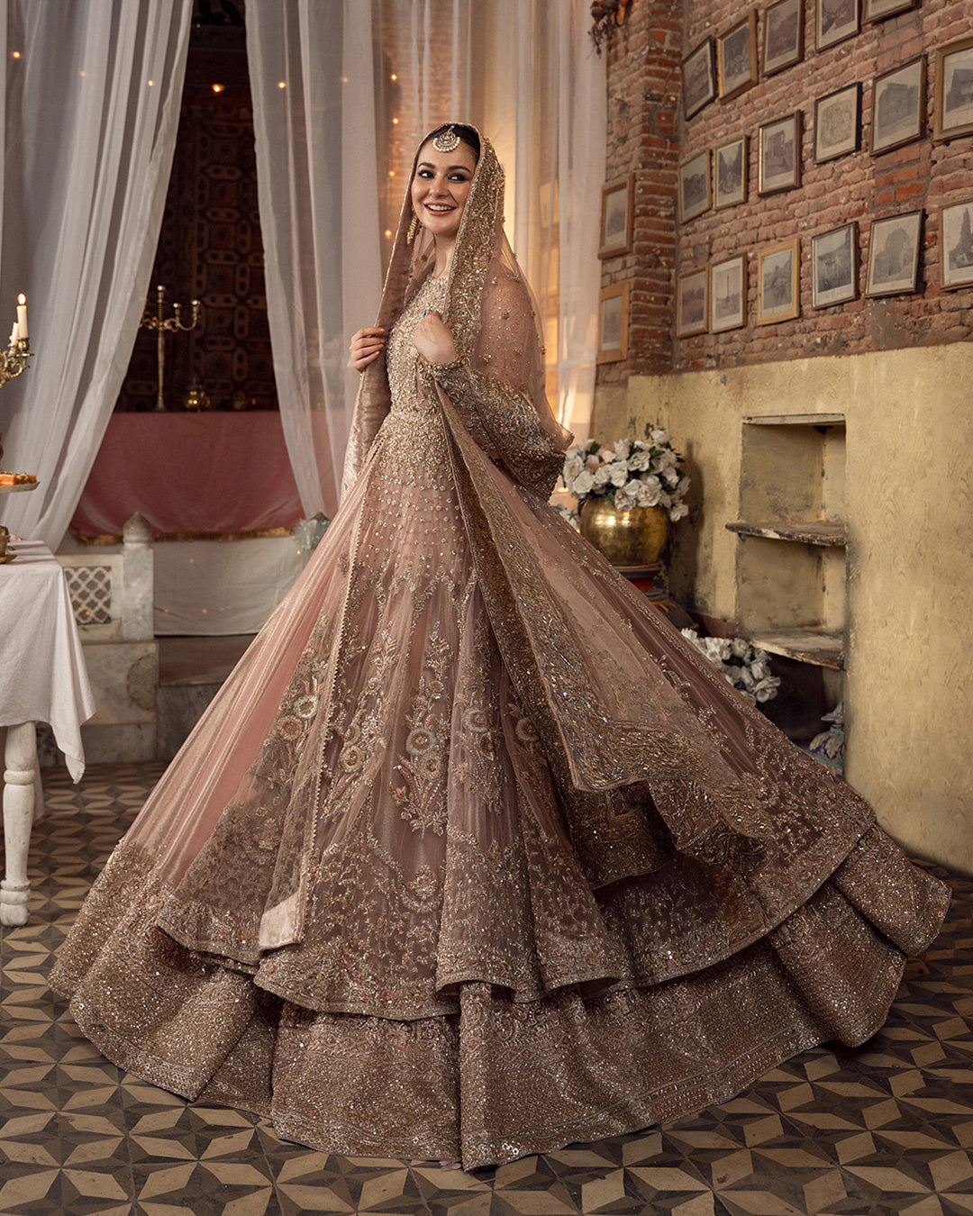 Pakistani Peach Pink Hand-Embellished Net & Tissue Bridal Pishwas (2-Piece) - Image 4