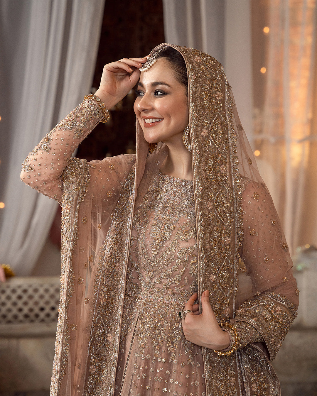 Pakistani Peach Pink Hand-Embellished Net & Tissue Bridal Pishwas (2-Piece) - Image 3