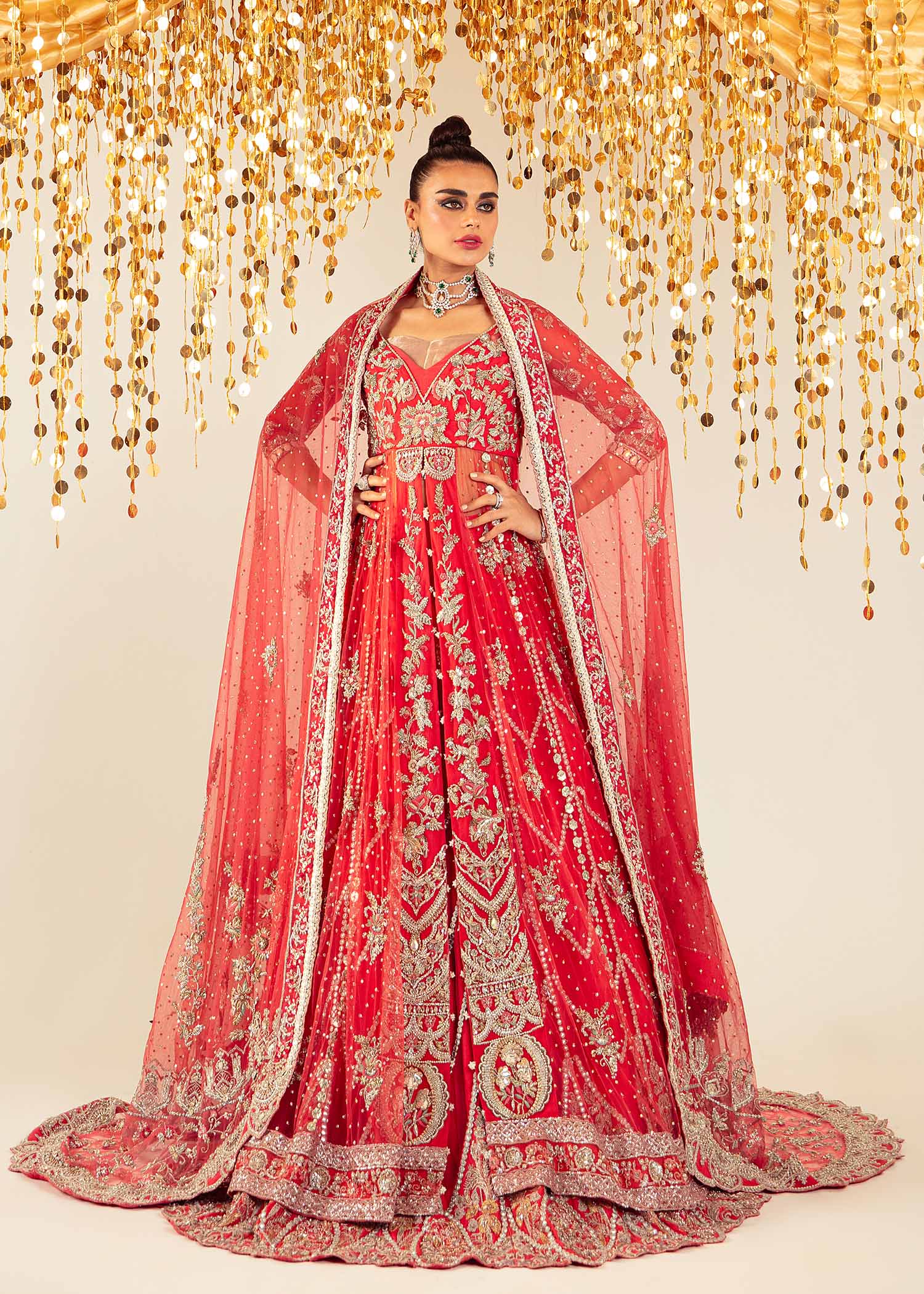 Pakistani Carrot Pink Embroidered Net Pishwas Dress (3-Piece) - Image 4