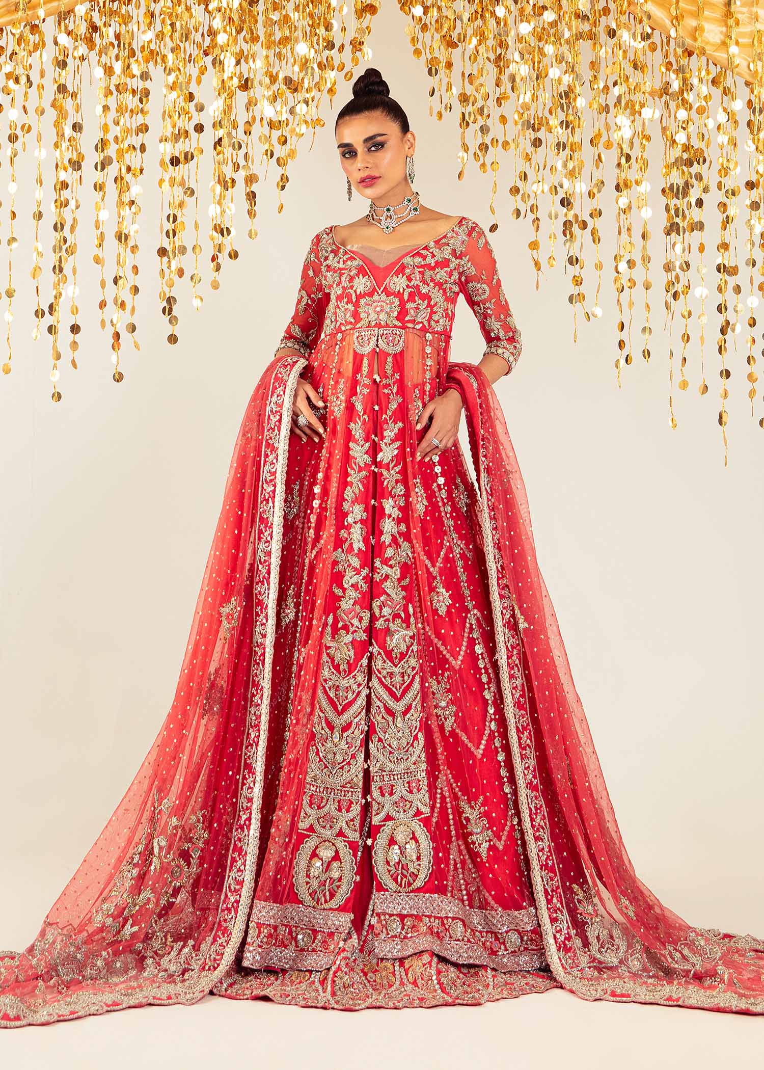 Pakistani Carrot Pink Embroidered Net Pishwas Dress (3-Piece) - Image 5