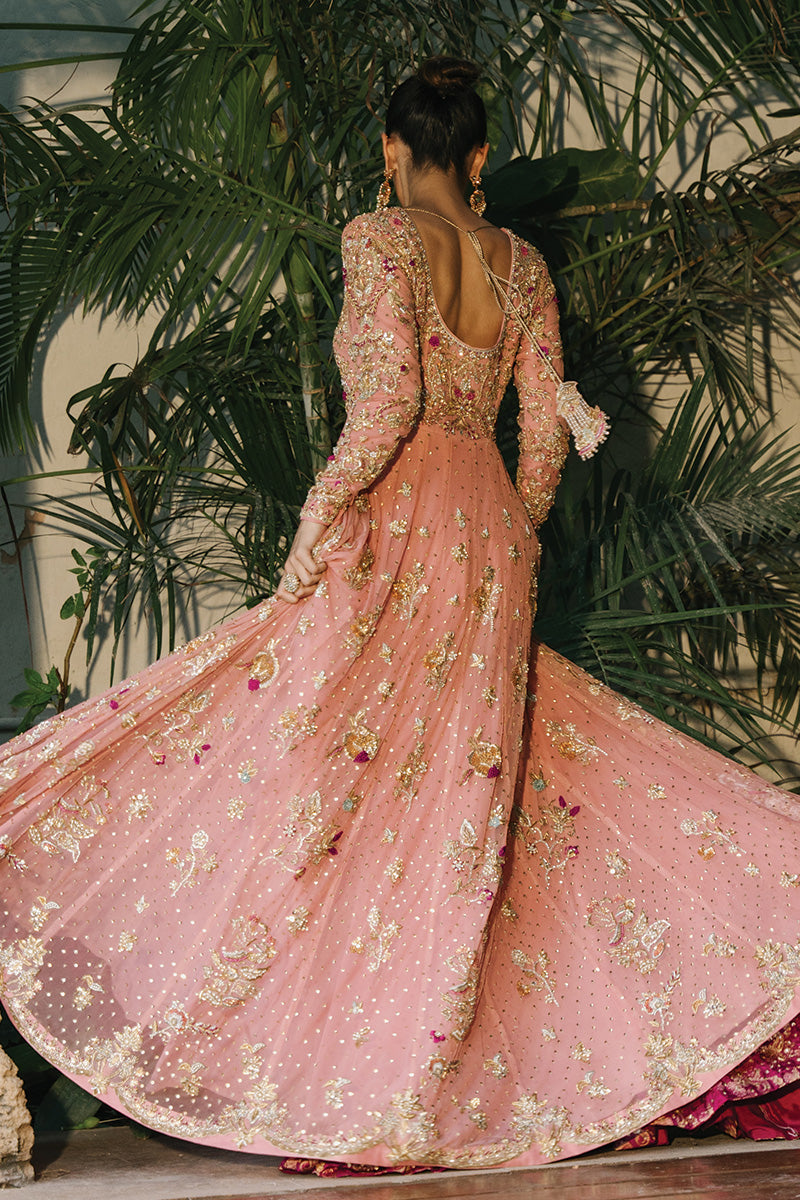 Coral Zardozi Net Bridal Pishwas (3-Piece) - Image 2