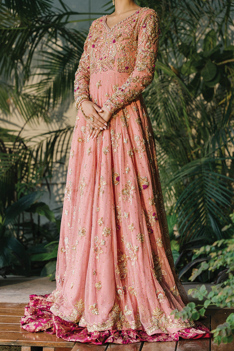 Coral Zardozi Net Bridal Pishwas (3-Piece) - Image 4