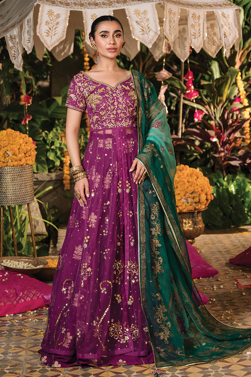 Pakistani Magenta Zardozi Net Pishwas Dress (3-Piece) - Image 1