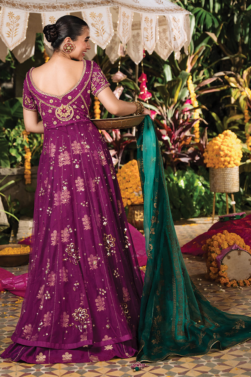 Pakistani Magenta Zardozi Net Pishwas Dress (3-Piece) - Image 2