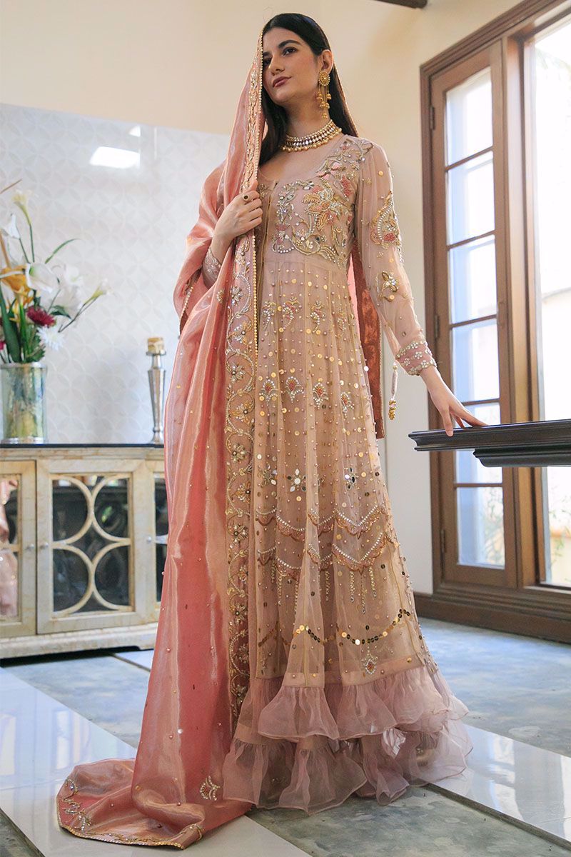 Tea Rose Zardozi Net Pishwas Dress (3-Piece) - Image 1