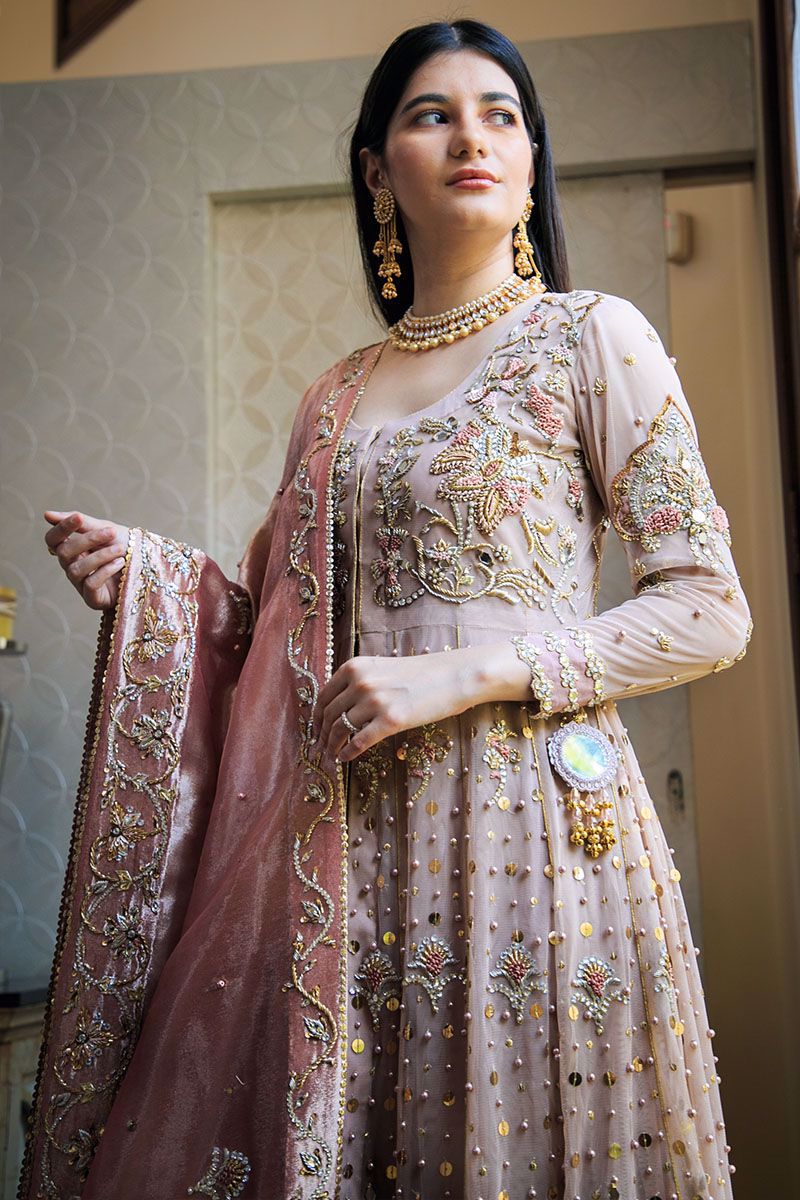 Tea Rose Zardozi Net Pishwas Dress (3-Piece) - Image 10