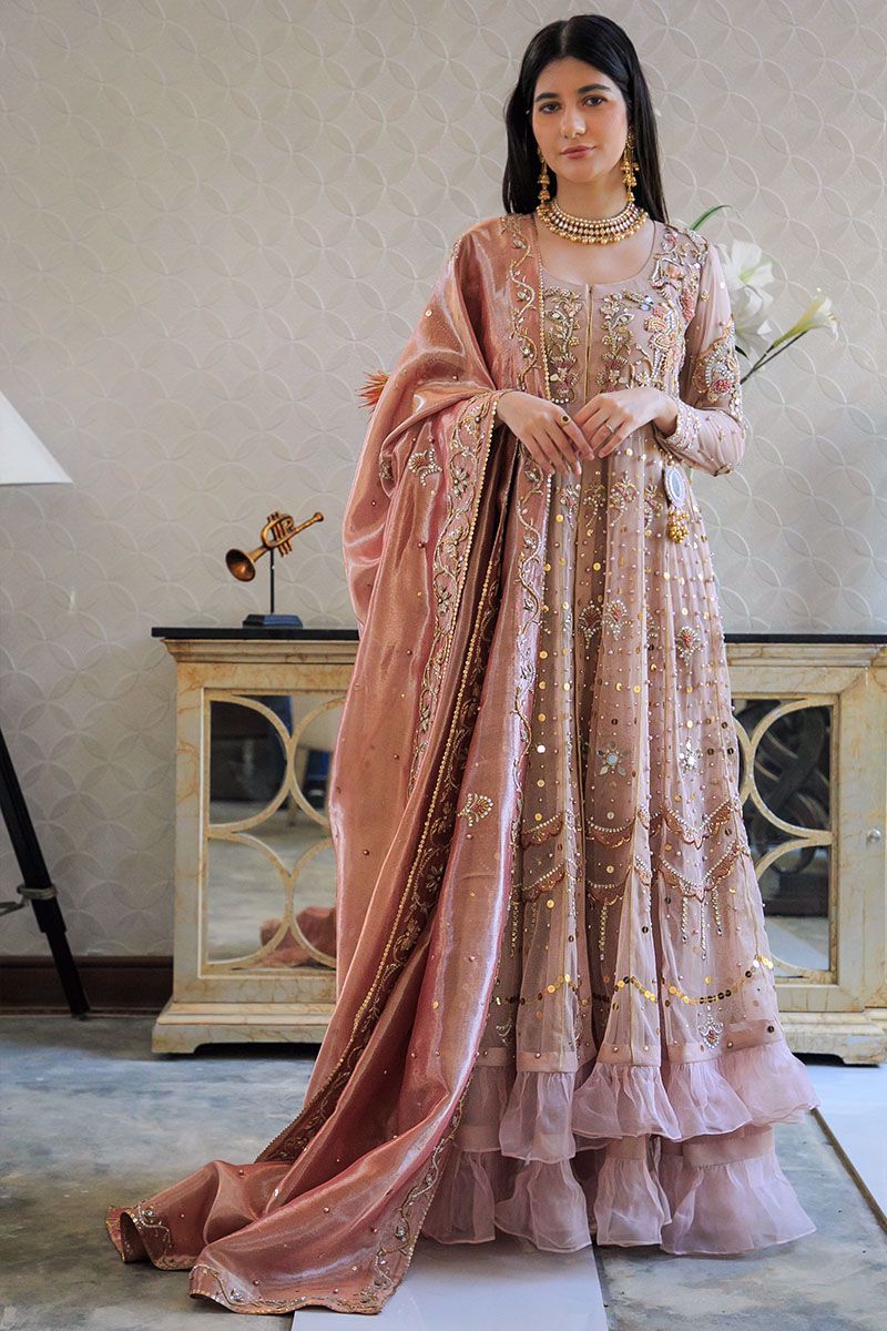 Tea Rose Zardozi Net Pishwas Dress (3-Piece) - Image 2