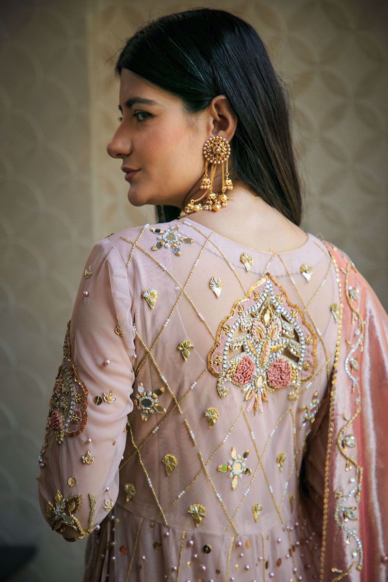 Tea Rose Zardozi Net Pishwas Dress (3-Piece) - Image 3