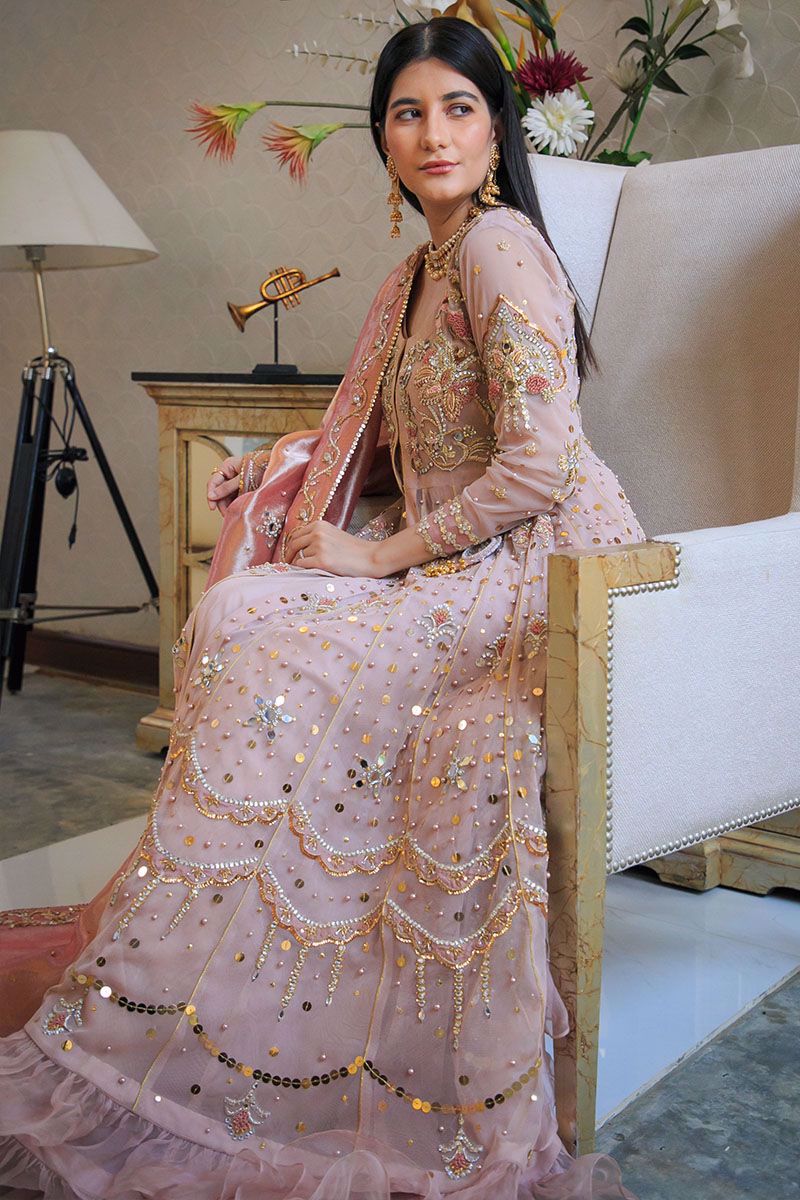 Tea Rose Zardozi Net Pishwas Dress (3-Piece) - Image 6