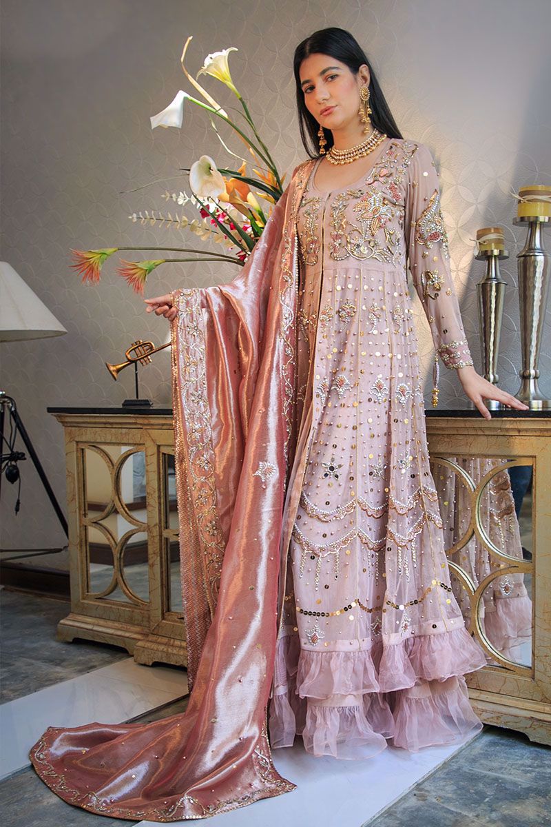 Tea Rose Zardozi Net Pishwas Dress (3-Piece) - Image 9