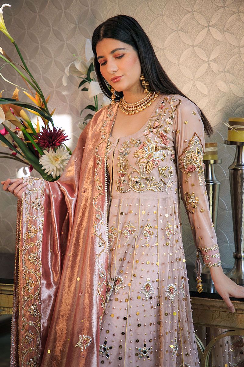 Pakistani Tea Rose Zardozi Net Pishwas Dress (3-Piece) - Image 10