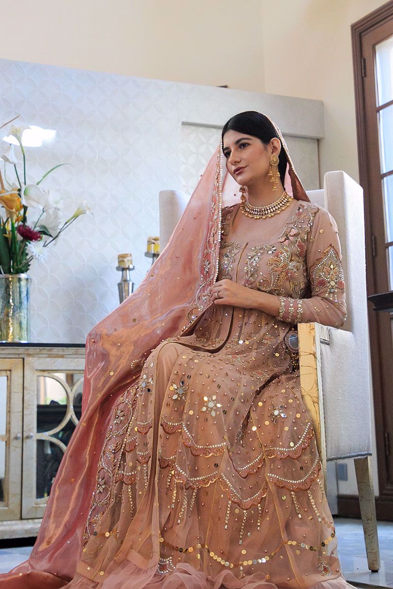 Pakistani Tea Rose Zardozi Net Pishwas Dress (3-Piece) - Image 4