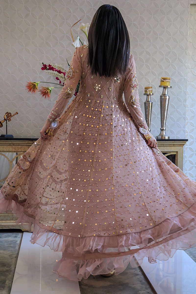 Pakistani Tea Rose Zardozi Net Pishwas Dress (3-Piece) - Image 5