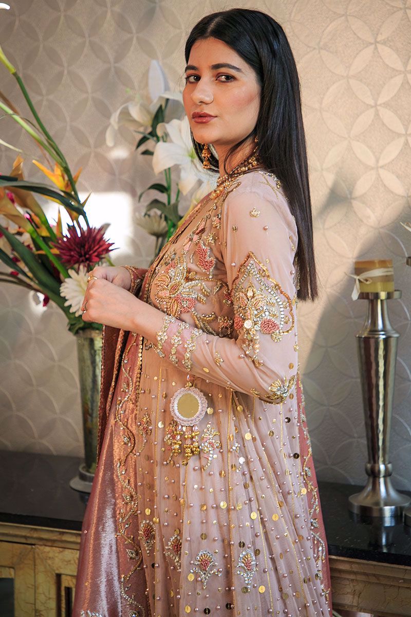 Pakistani Tea Rose Zardozi Net Pishwas Dress (3-Piece) - Image 8