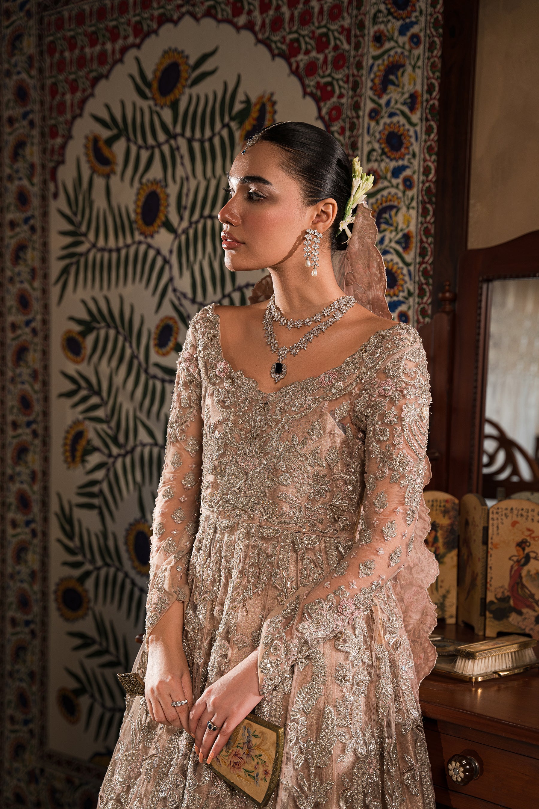 Blush Pink Zardozi Net Bridal Pishwas (2-Piece) - Image 5