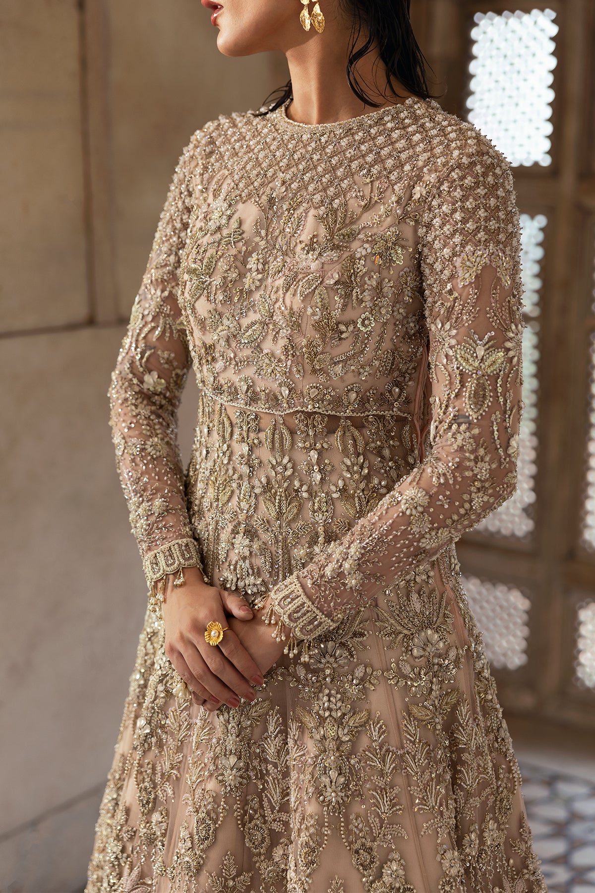 Nude Pink Embellished Net Pishwas Dress (3-Piece) - Image 13